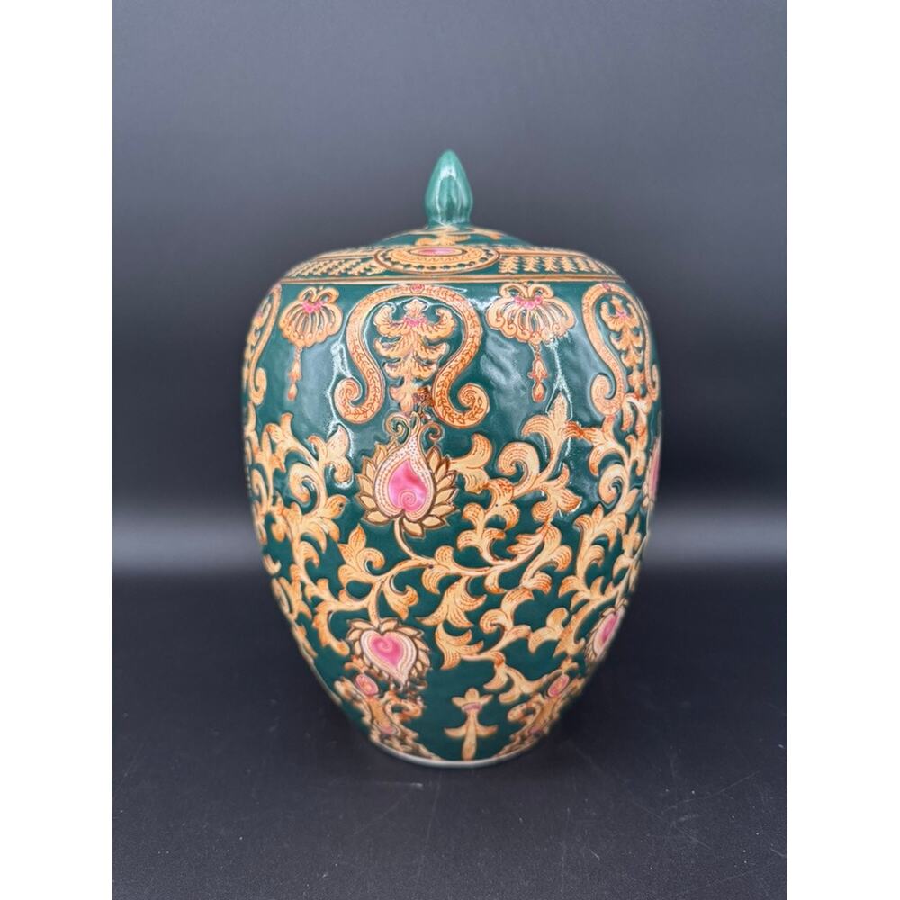 Vintage Chinese Accent Ginger Jar Green Gold Pink Chinoiserie Lidded Urn China